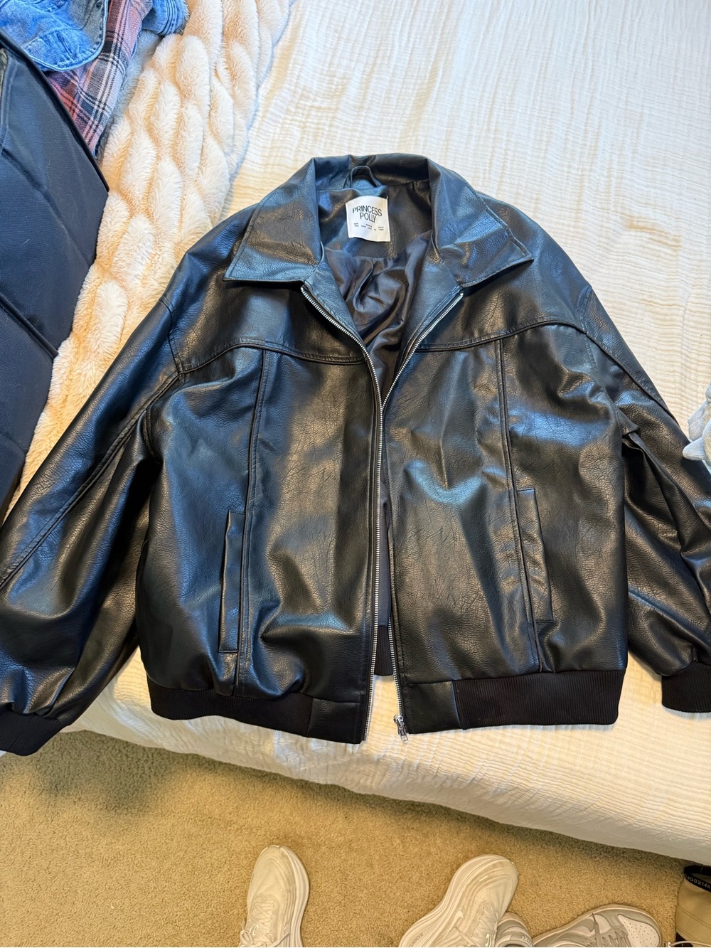 Princess Polly Black Faux Leather Bomber Jacket with Ribbed Hem